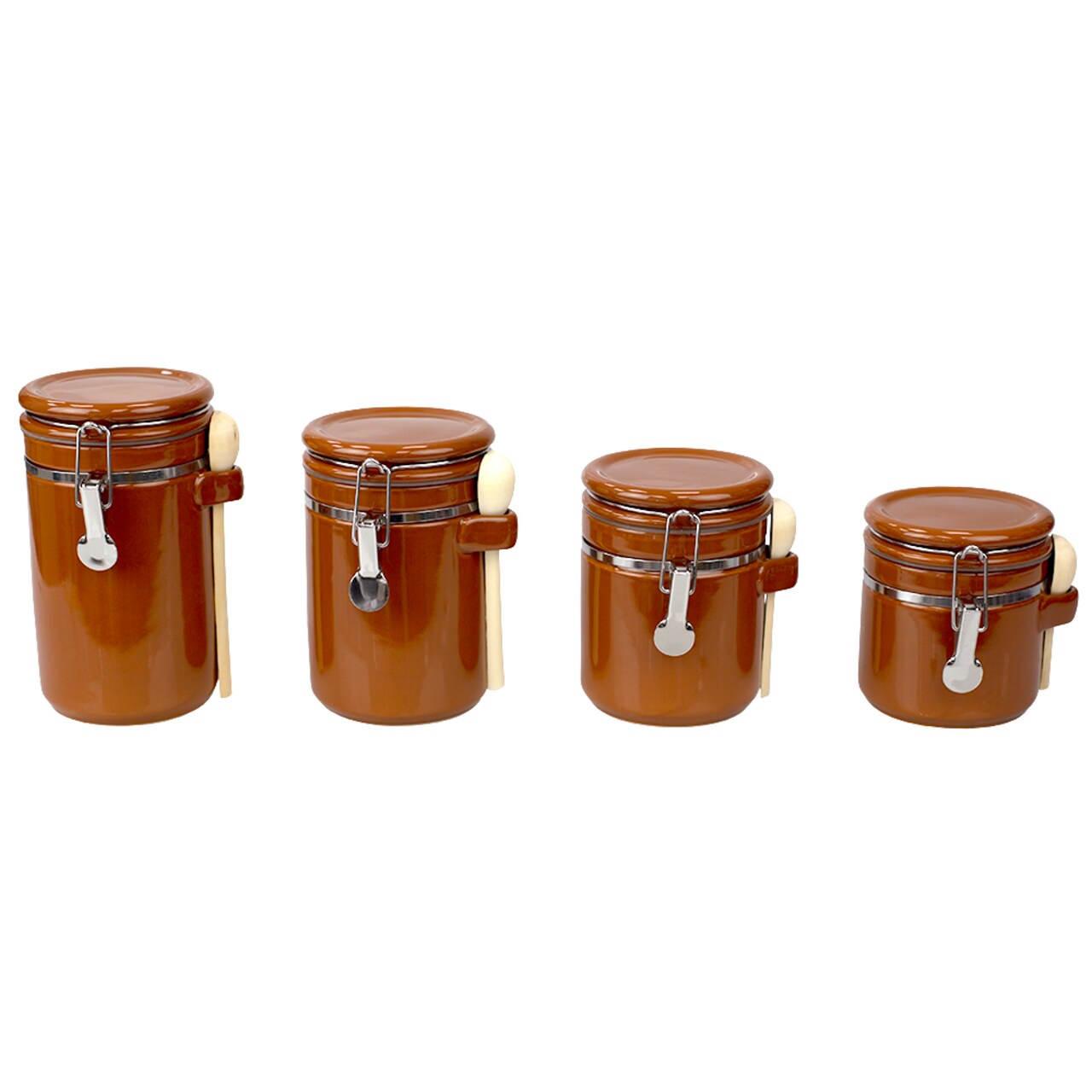 Home Basics 4 Piece Ceramic Canisters Clamp Top Lid and Wooden Spoons, Brown